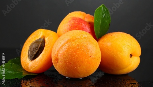 Fresh, ripe apricots with glistening water drops arranged on a dark background. The vibrant orange color and juicy texture create a rich, appetizing look, highlighting the natural freshness of the fru