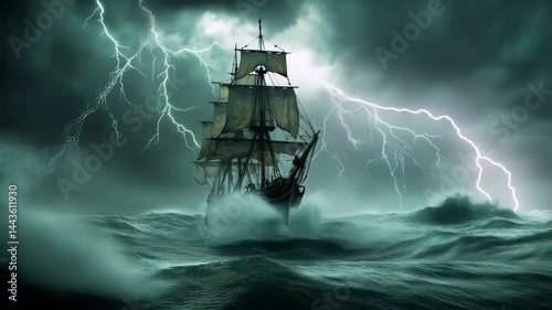 A large ship is sailing in the ocean with a storm in the background