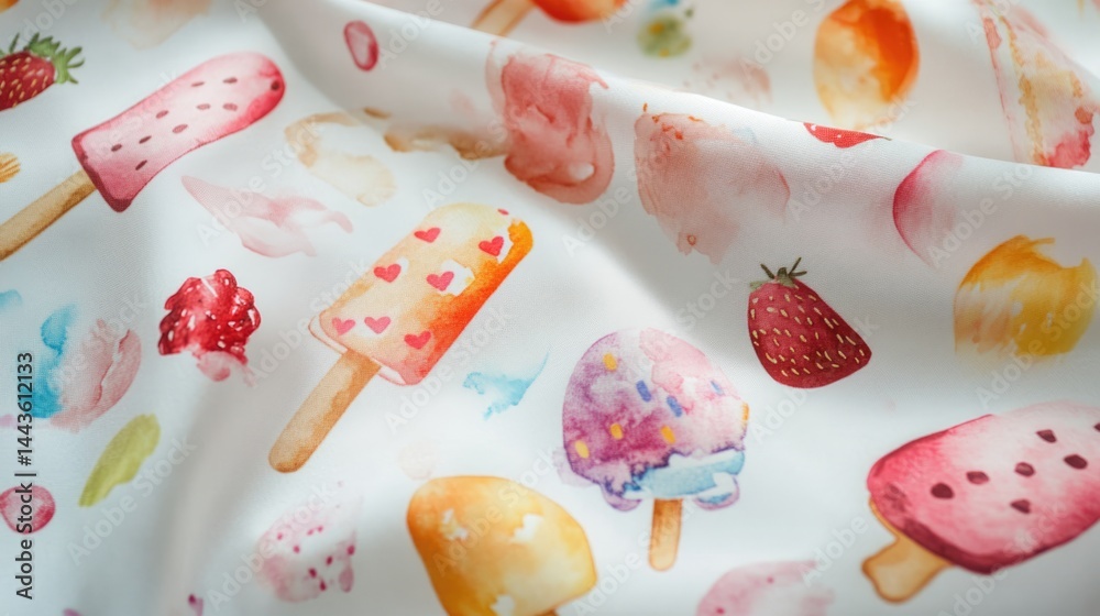 Watercolor Ice Cream and Strawberry Fabric Texture Watercolor Ice Cream and Strawberry Fabric Texture