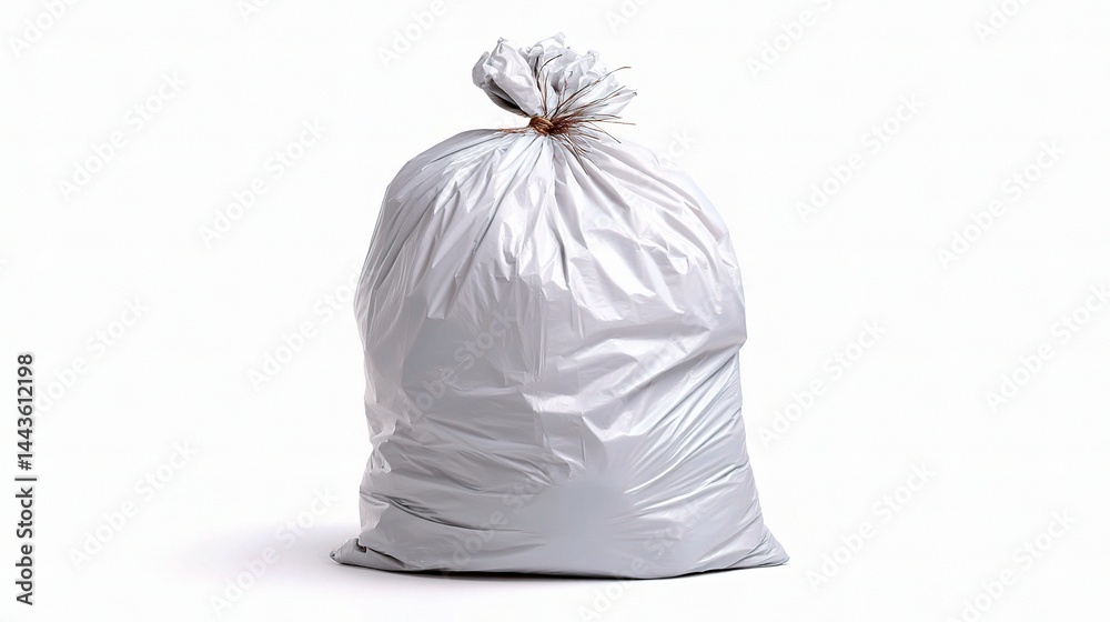 White Garbage Bag Tied with a Twist Tie Against a White Background