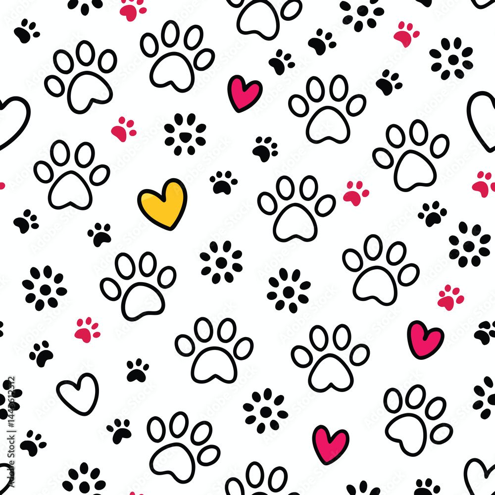 Fototapeta premium Cute Paw Prints and Hearts Pattern
