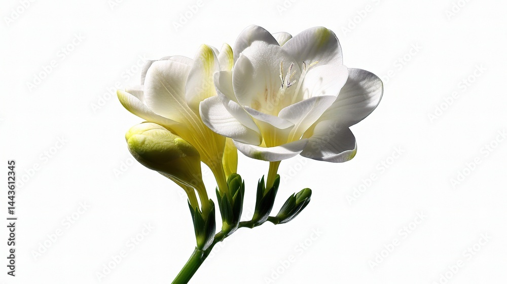 Elegant White Freesia Flower with Bud on Bright Background