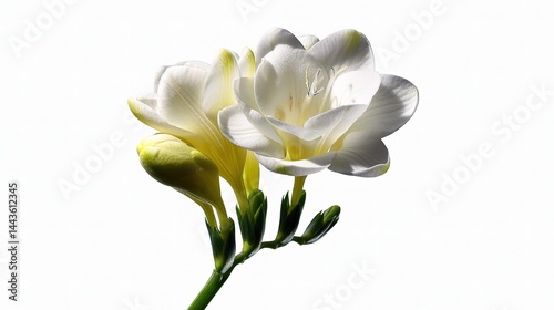 Elegant White Freesia Flower with Bud on Bright Background