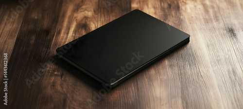 A blank black waterproof notebook resting on a wooden table. The side is empty for branding. Rugged, stylish, premium. 