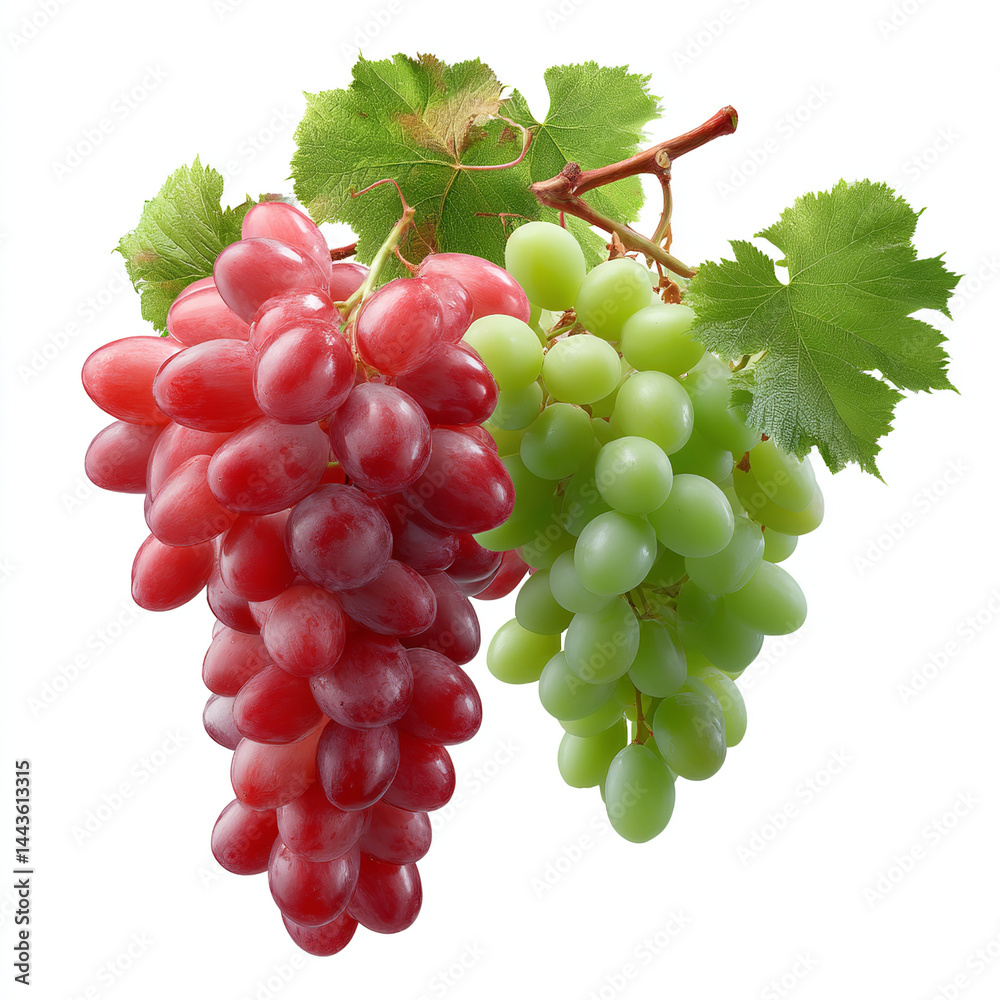 Obraz premium Red and green grape clusters with leaves isolated on transparent background. isolated white background
