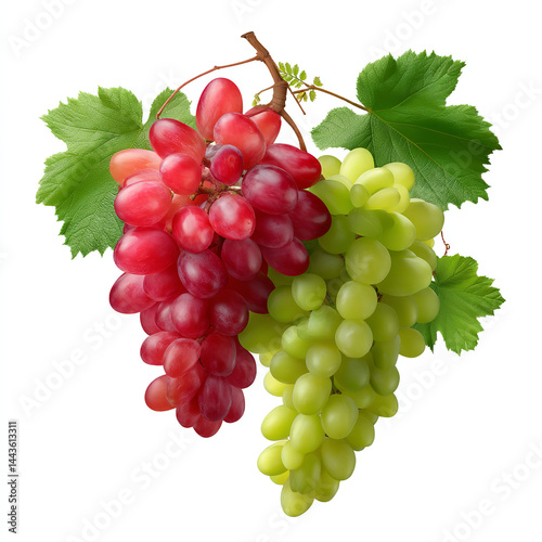 Red and green grape clusters with leaves isolated on transparent background. isolated white background