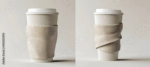 A blank coffee sleeve wrapped around a paper cup. The side is empty for branding. Clean design, high-quality material, soft lighting. 