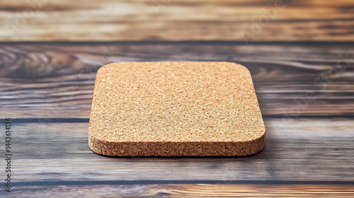 A blank cork coaster sitting on a wooden table. The side is open for branding. Natural texture, stylish, high-quality. 