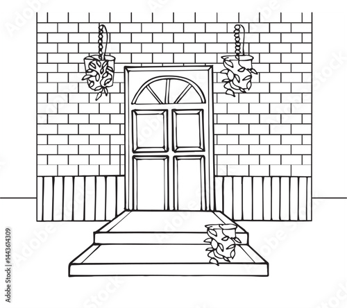 House facade with stairs and flowers. Hand-drawn illustration on white background.
