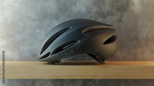 A blank cycling helmet resting on a wooden shelf. The side is open for branding. Sleek, stylish, high-quality finish. 