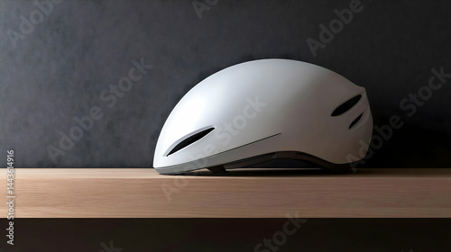 A blank cycling helmet resting on a wooden shelf. The side is open for branding. Sleek, stylish, high-quality finish. 