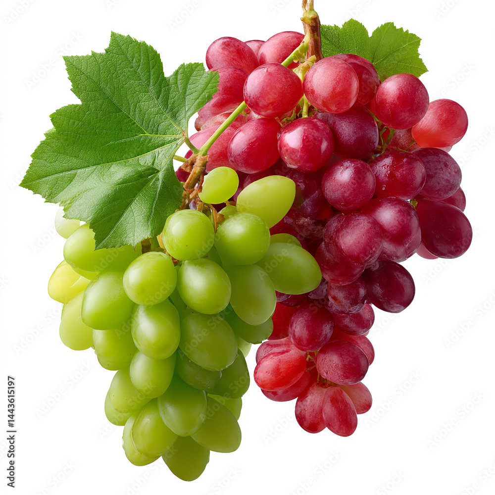 Obraz premium Fresh red and green grape clusters with green leaves ripe juicy sweet healthy fruit perfect for food and drink ingredients isolated on transparent background. isolated white background