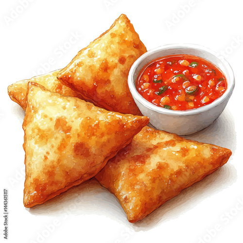 watercolor of Samosa With Dipping Chutney, vector, isolated on a white background.