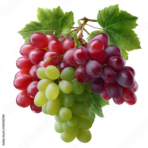 Fresh red and green grape clusters with green leaves ripe juicy sweet healthy fruit perfect for food and drink ingredients isolated on transparent background. isolated white background