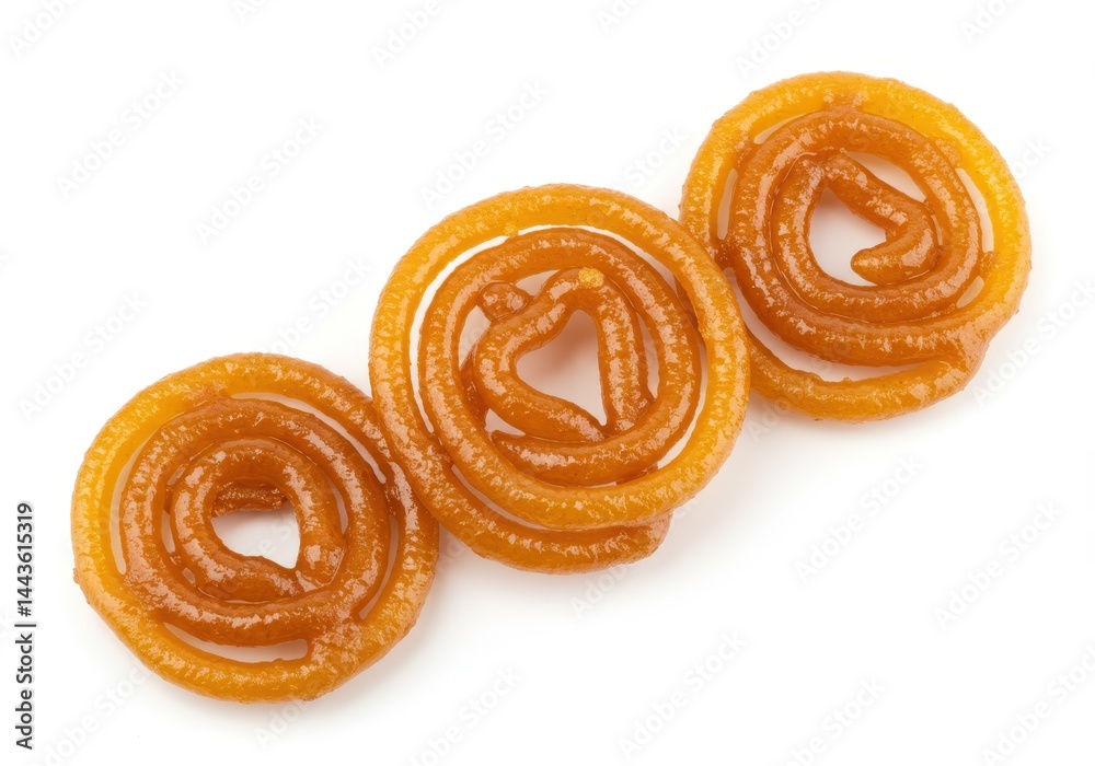 Fototapeta premium Three jalebi sweets arranged on a white background for indian dessert concept