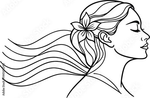 Line Art Portrait Of A Serene Woman With Flower In Hair Flowing Wind