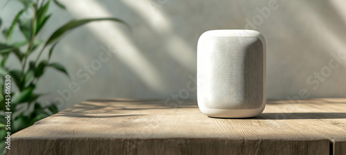 A blank portable Bluetooth speaker sitting on a wooden table. The side is empty for branding. Compact, stylish, modern. 
