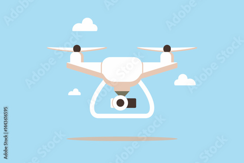 Flat Vector Drone Illustration with Camera in the Sky. Modern flat style drone vector with camera, flying in the sky, perfect for tech, delivery, or surveillance themes. eps10