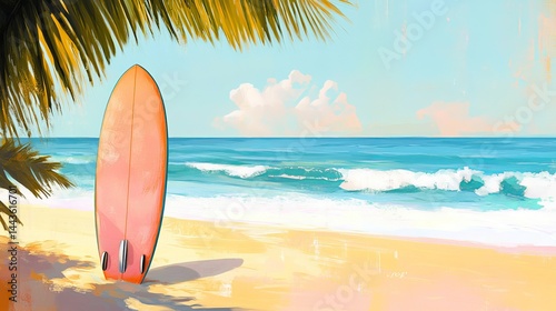 Summer Beach Scene with Pink Surfboard Under Palm Trees Peaceful Ocean Waves Sunny Day Tropical Paradise Vacation Idyllic Seascape Coastal Art