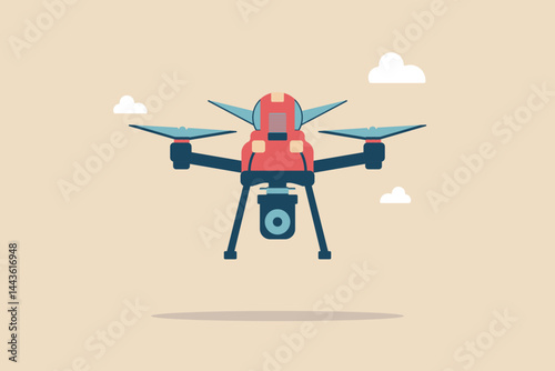 Flat Vector Drone Illustration with Camera in the Sky. Modern flat style drone vector with camera, flying in the sky, perfect for tech, delivery, or surveillance themes. eps10