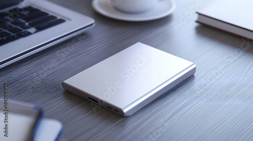 A blank portable charger with a smooth finish lying on a desk. The side is empty for branding. Compact, stylish, high-tech look. 