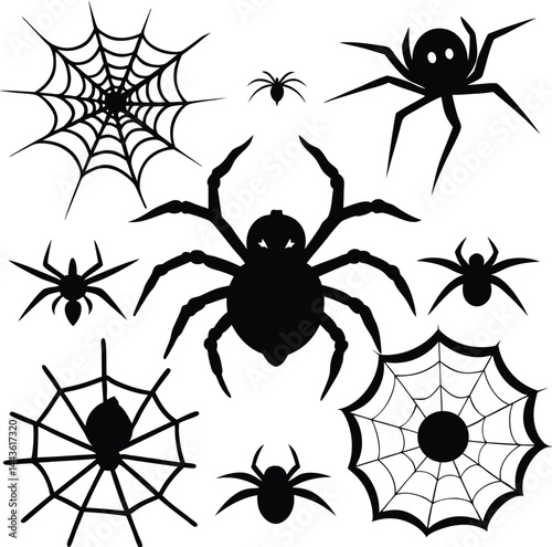 Arachnid Silhouette: A collection of arachnid illustrations in silhouette, with an emphasis on webs and spider details. This image captures the essence of Halloween.