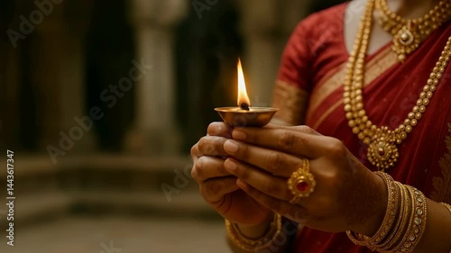 Indian woman wearing traditional red sari and gold jewelry holding diya