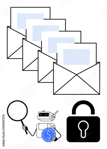 Four emails, a robot scanning for fraud with a magnifying glass, and a secure padlock represent privacy, security, and fraud detection. Ideal for communication security, cybersecurity, encryption