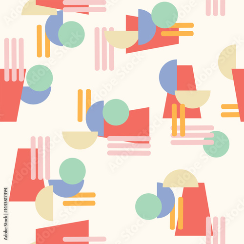 An Abstract of Geometric Objects of Circles, Bold Lines and Trapezoids in Muted Retro Colors creating a seamless pattern print