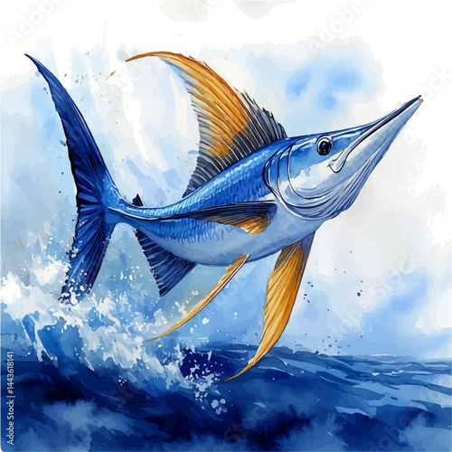 watercolor of Sailfish Leaping Out Of The Ocean, vector, isolated on a white background.