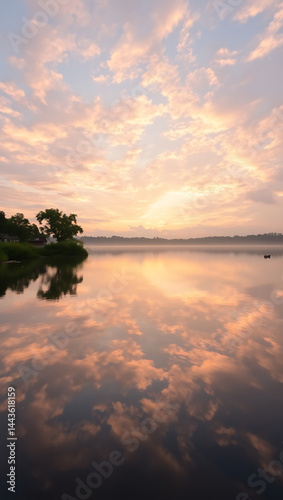 Serene Lake Sunset with Pink and Orange Tranquil Reflections - Beautiful Natural Evening Horizon Scenery