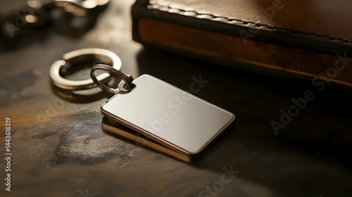 A blank silver keychain attached to a keyring resting on a table. The side is open for branding. Stylish, sleek, premium finish. 