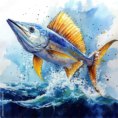 watercolor of Sailfish Leaping Out Of The Ocean, vector, isolated on a white background.