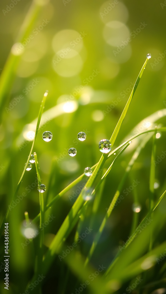 Fototapeta premium <Macro Close-Up Photography of Vibrant Dewdrops on Fresh Green Grass Blades in Morning Sunlight – Embrace Nature's Tranquil Harmony and Rejuvenation>