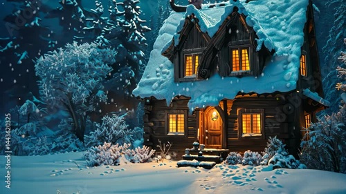 Cozy winter writing scene with snowy village view through a warmly lit window.

