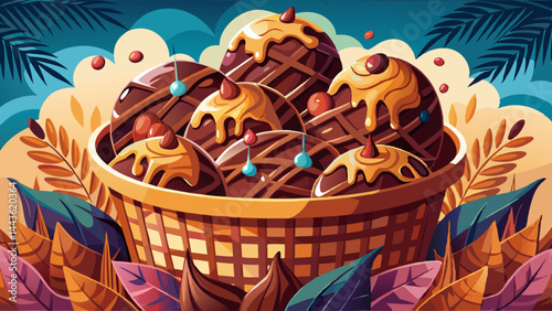 Decadent chocolate mounds overflow the crisp basket.
Soft edges meet the structured waffle lines.
A flat-style visual with depth and flavor.
Modern, tempting, and perfectly composed.
