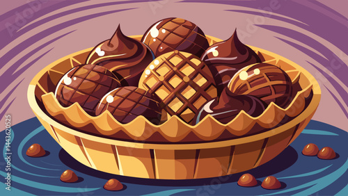 Decadent chocolate mounds overflow the crisp basket.
Soft edges meet the structured waffle lines.
A flat-style visual with depth and flavor.
Modern, tempting, and perfectly composed.