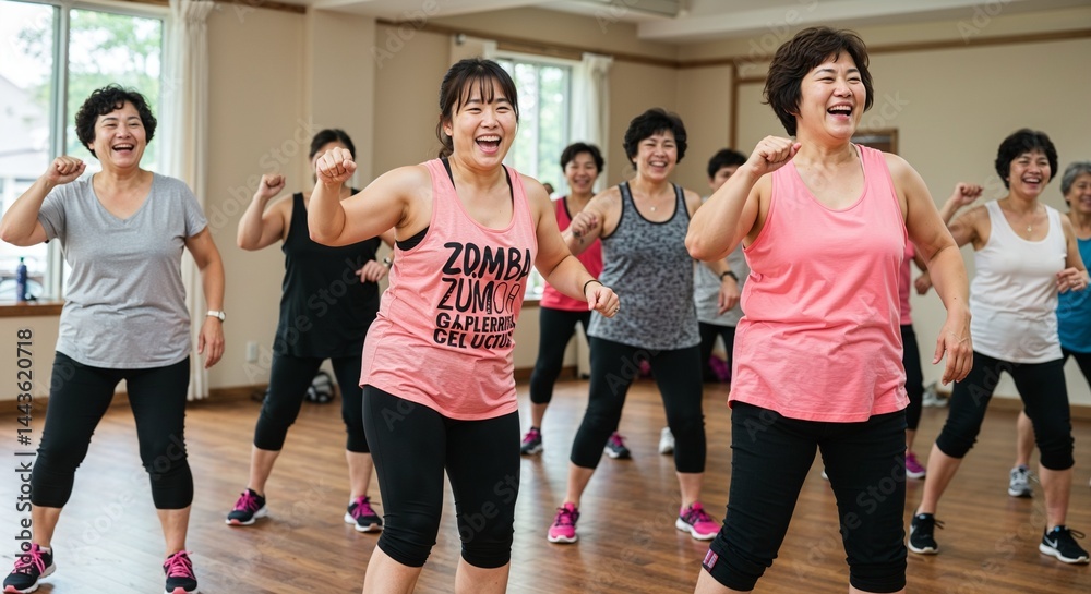 Fototapeta premium Elderly Women Enjoying Group Exercise in a Bright Studio 