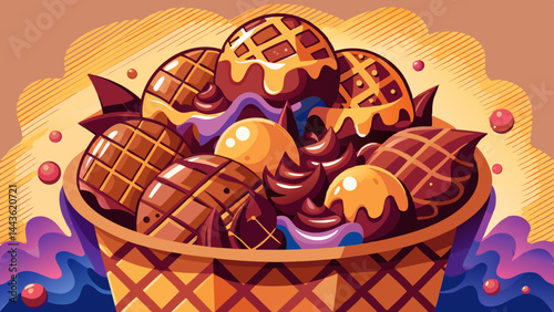 Decadent chocolate mounds overflow the crisp basket.
Soft edges meet the structured waffle lines.
A flat-style visual with depth and flavor.
Modern, tempting, and perfectly composed.