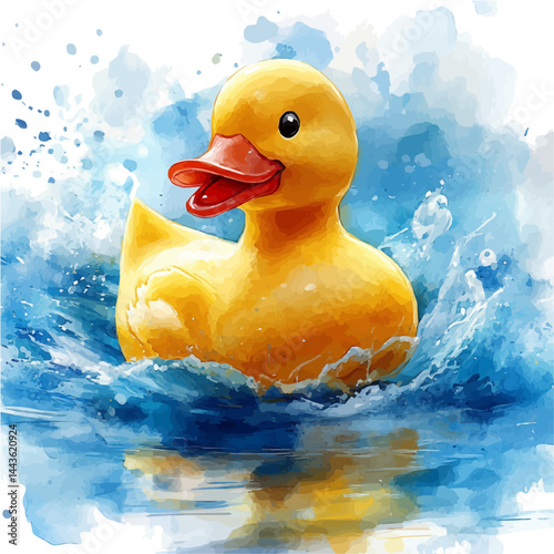 Rubber Duck Floating In A Small Pool, vector watercolor illustration, isolated on a white background.