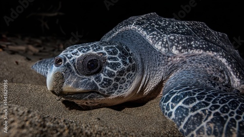 Nocturnal Kemp's Ridley Sea Turtle Hatchling on Sandy Beach photo