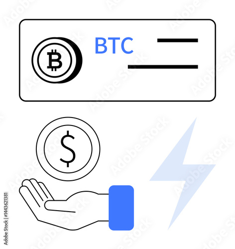 Bitcoin wallet interface, hand holding a coin, and lightning bolt symbolizing cryptocurrency, investment, digital payment, financial tech, global trade, online business, simple landing page