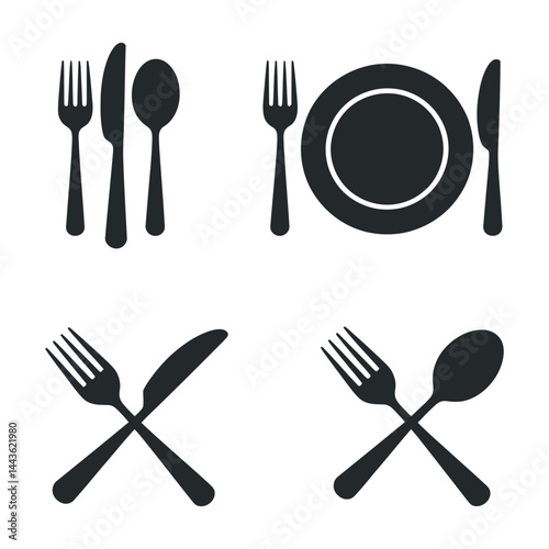 Minimalist Black And White Utensils Set Featuring Fork Knife Spoon And Plate For Culinary Design