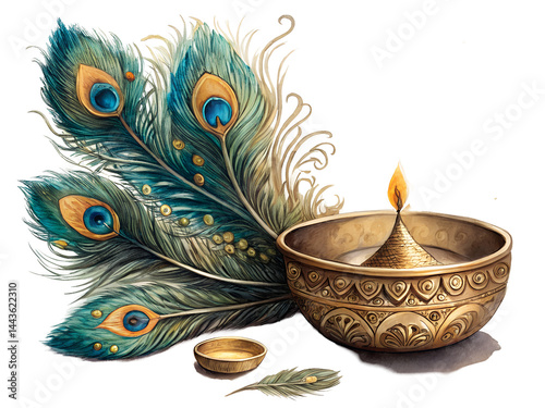 Thaipusam with diya lamp and peacock feathers. Isolated On White Transparent Background PNG File Cut Out Social Media Advertisement Banner Label poster Download.
