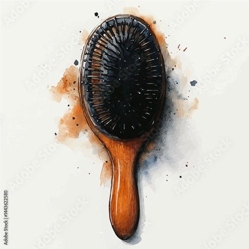 Round Hairbrush With Wooden Handle, vector watercolor illustration, isolated on a white background.