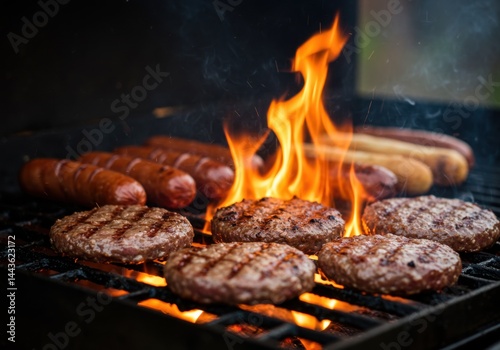 Burgers and hotdogs cooking on a summer bbq grill with flames