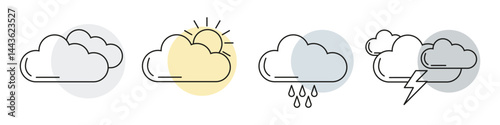 Set of modern line-style weather icons showing cloudy, partly sunny, rainy, and stormy conditions, useful for apps, websites, and forecasts.
