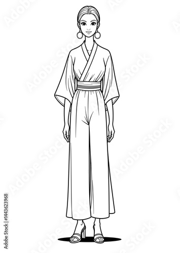 Fashion Coloring Page - Stylish Woman Wearing Kimono-Inspired Outfit  