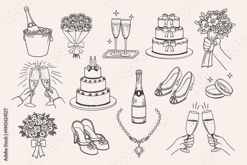 Wedding set. Hand drawn doodle icons of champagne, cake, rings and flower bouquets. Ink doodle sketch. Vintage illustrations for wedding invitations, menu and parties.