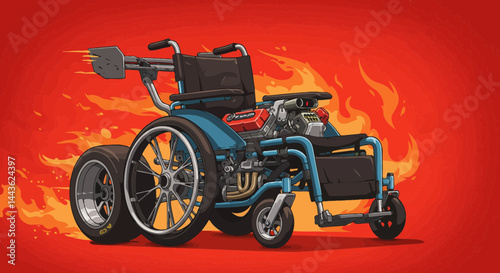 Wheelchair hot rod racing engine flames custom modified disability vehicle speed power mobility hotrod art